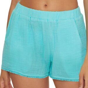 Trina Turk 'Serene' Pull-On Fringe-Trim Gauze Shorts, Blue Pear